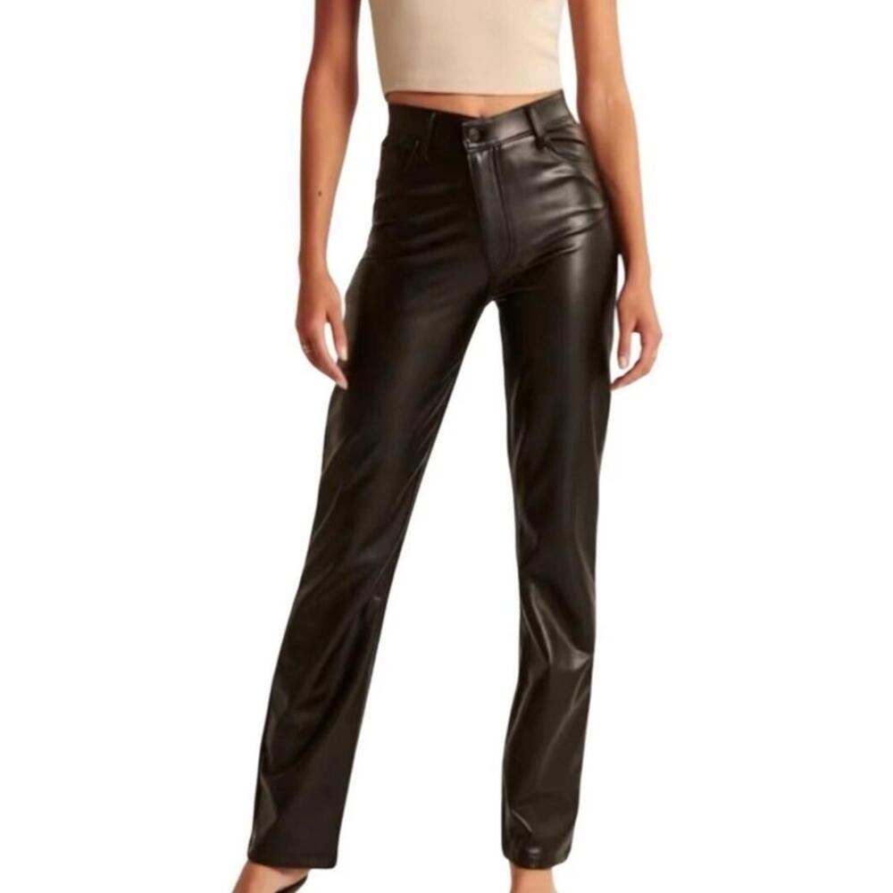 Abercrombie Fitch Women Sz 4 Criss Cross 90s Straight Faux Leather Black Pants - Picture 1 of 6